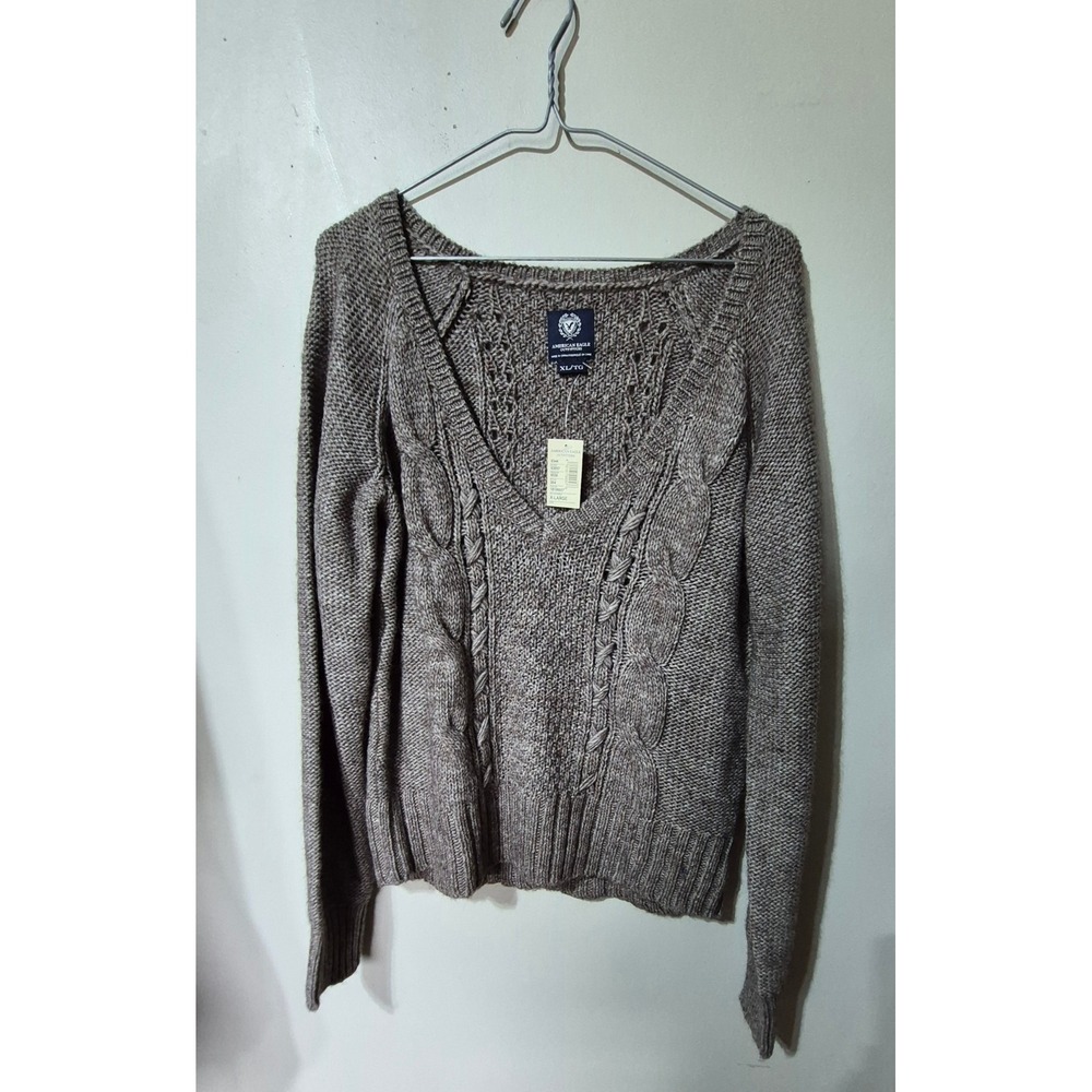 American Eagle Womens XL V-Neck Cable Knit Wool Alpaca Blend Sweater Taupe NWT
